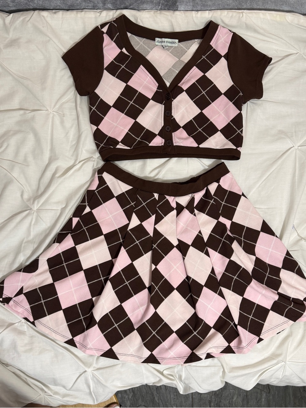 Almost Famous Pink & Brown Argyle Mini Skirt Set